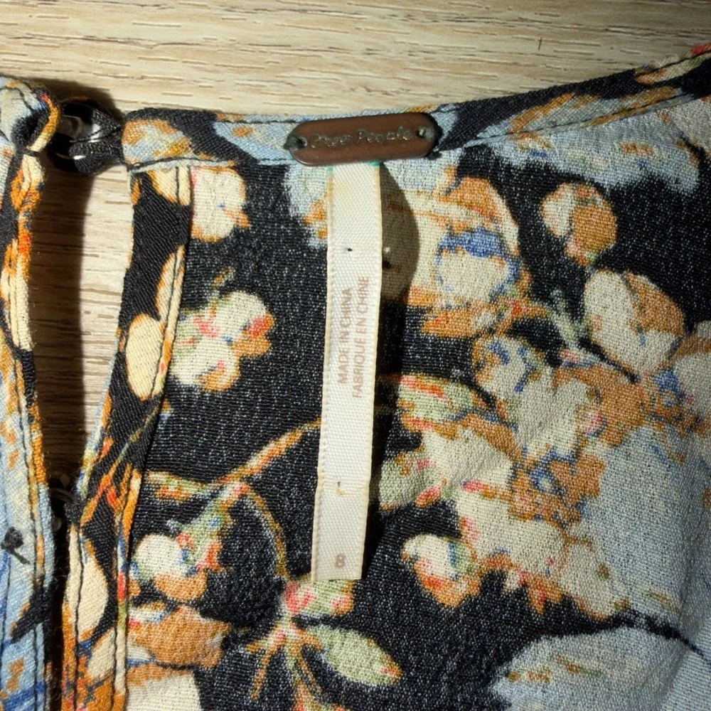 Free People Women's‎ Black Blue Floral Midi Dress Size 8 Medium Slit